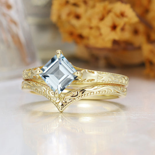 Square Cut Solitaire Aigue-marine Bague de Mariage Filigrane Ensemble Fait Main Bague de Mariée en Or Jaune 14K