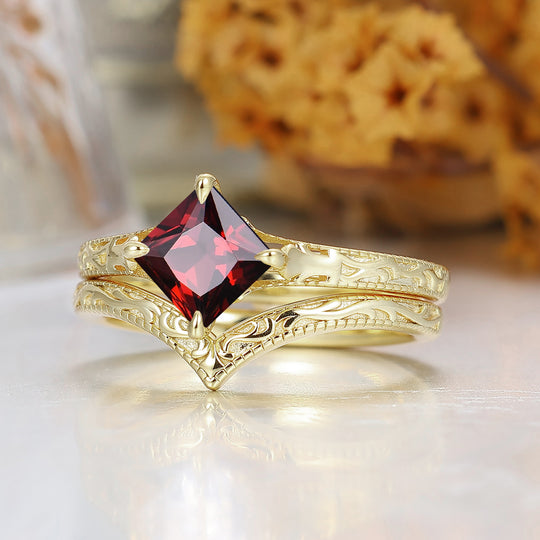 Princess Cut Garnet Engagement Ring Set Vintage Engraved Gold Band Red Garnet Bridal Set