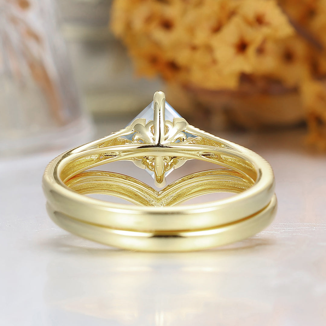 Square Cut Solitaire Aigue-marine Bague de Mariage Filigrane Ensemble Fait Main Bague de Mariée en Or Jaune 14K