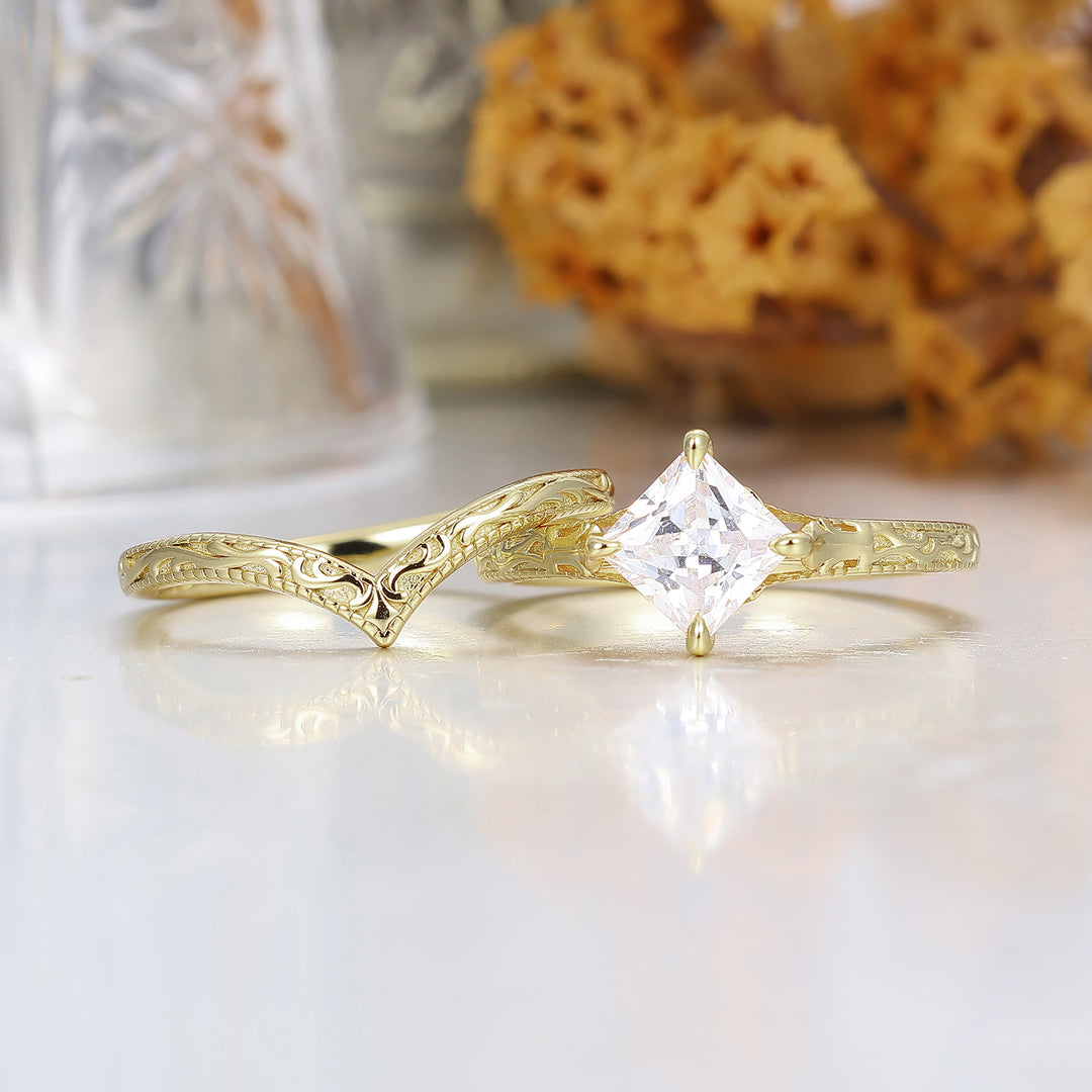 14K Solid Gold Milgrain Engraved Moissanite Wedding Ring Set Antique Filigreed Engagement Ring