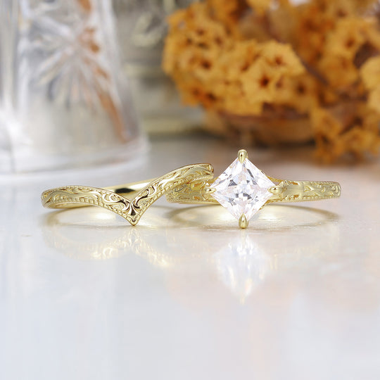 14K Solid Gold Milgrain Engraved Moissanite Wedding Ring Set Antique Filigreed Engagement Ring