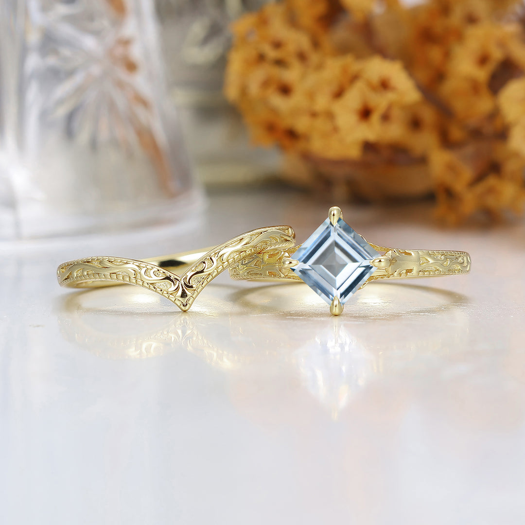 Square Cut Solitaire Aigue-marine Bague de Mariage Filigrane Ensemble Fait Main Bague de Mariée en Or Jaune 14K