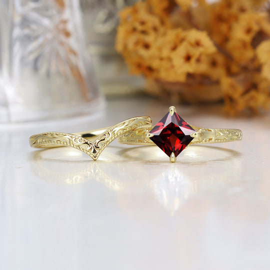 Solitaire Natural Red Garnet Engraved Couple Ring Set Vintage Filigreed Yellow Gold Plated His And Hers Rings