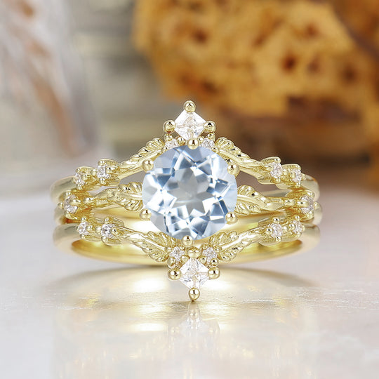 Brilliant Round Aquamarine Engagement Ring Set 2pcs Leaf Engraved Aquamarine March Birthstone Ring