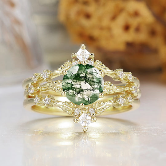 Leaf Vine Design Ronde Geslepen Moss Agaat Trouwringset Massief Geelgouden Ring Voor Haar