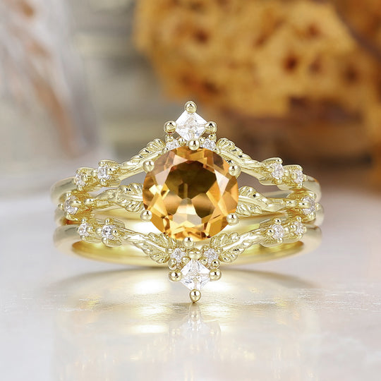 Dainty Leaf Design Citrine Bridal Anniversary Ring Set Antique Ring For Women