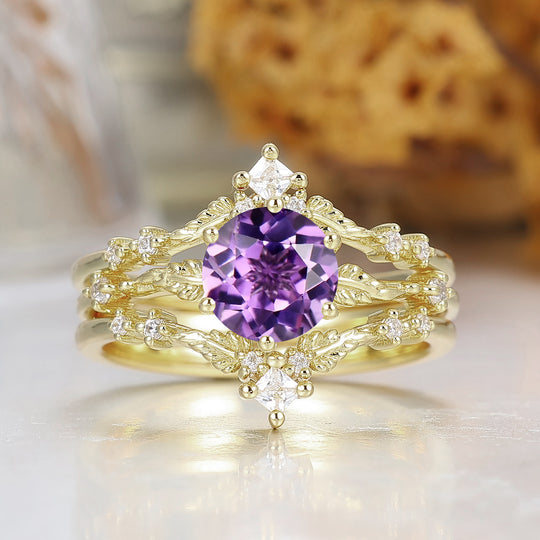 Vintage Inspired 1.25CT Round Amethyst Engagement Ring Set Engraved Leaf Vine Bridal Ring
