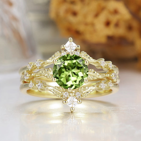 Leaf Vine Style Round Cut Peridot Wedding Ring Set Solid Yellow Gold Ring For Her