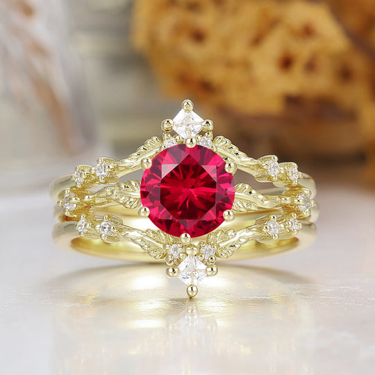 Dainty Leaf Design Ruby Bridal Anniversary Ring Set Antique Ring For Women