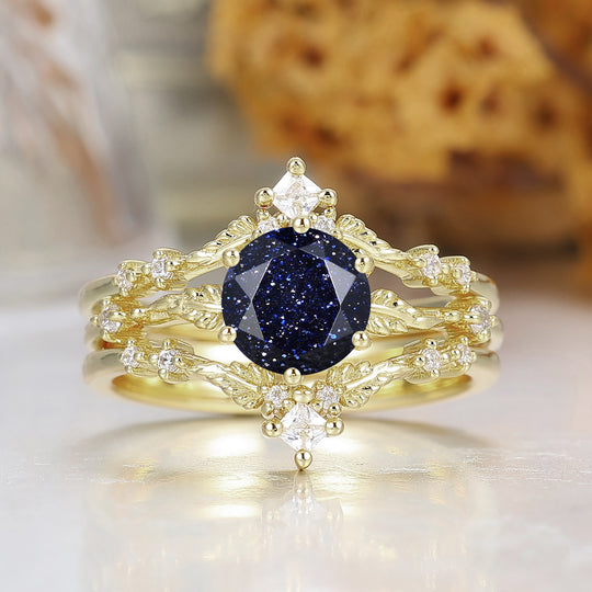 Vino Hoja Diseño Redondo Corte Piedra Arenisca Azul Juego de Anillos de Boda Anillo Antiguo para Mujeres