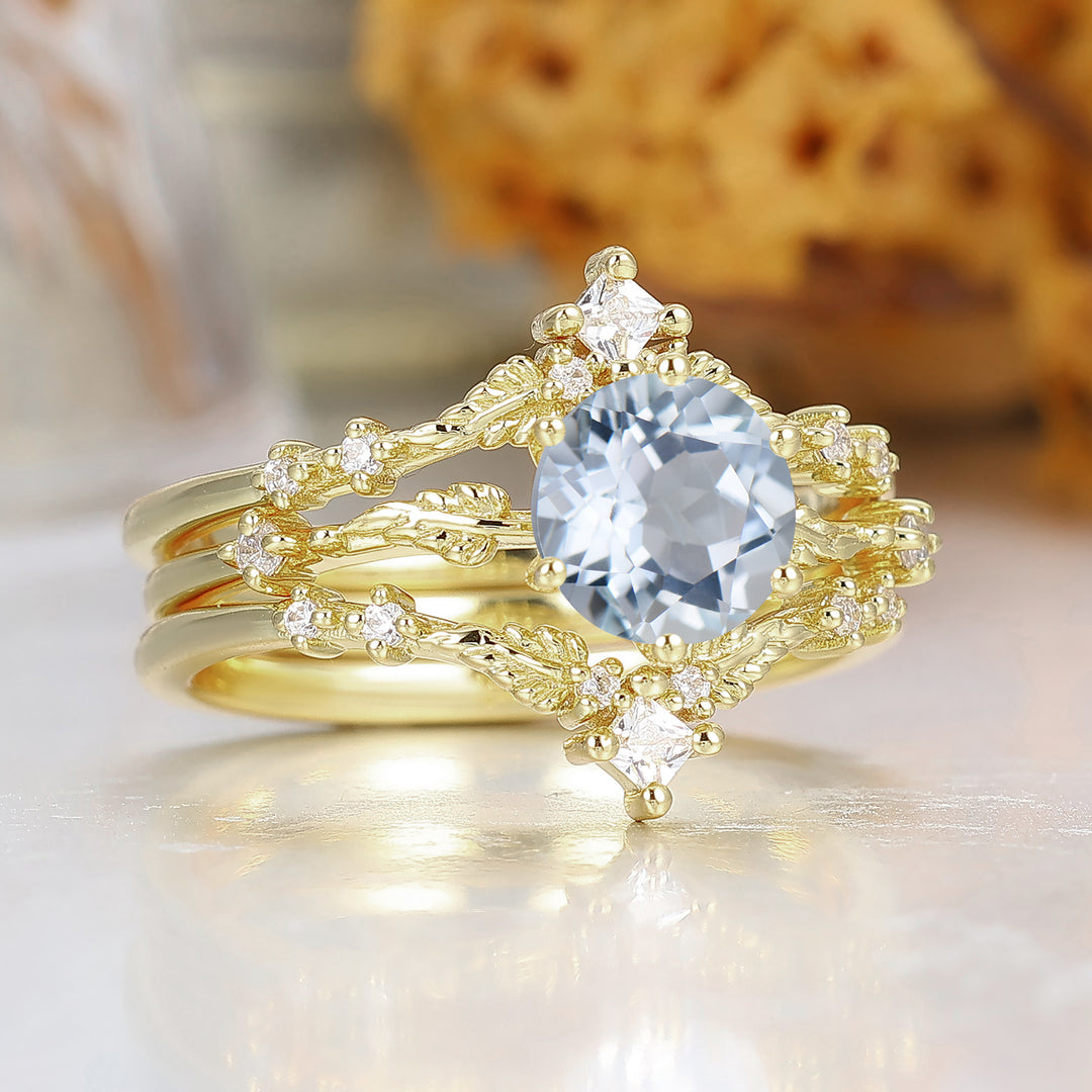 Brilliant Round Aquamarine Engagement Ring Set 2pcs Leaf Engraved Aquamarine March Birthstone Ring