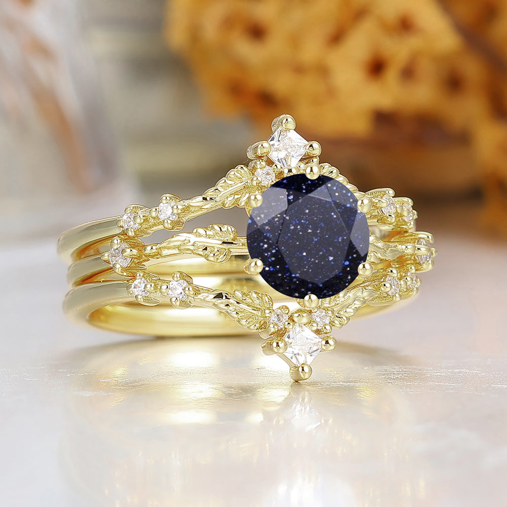 Vine Leaf Design Round Cut Blue Sandstone Wedding Ring Set Antique Ring For Women