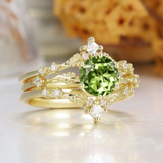 Leaf Vine Style Round Cut Peridot Wedding Ring Set Solid Yellow Gold Ring For Her