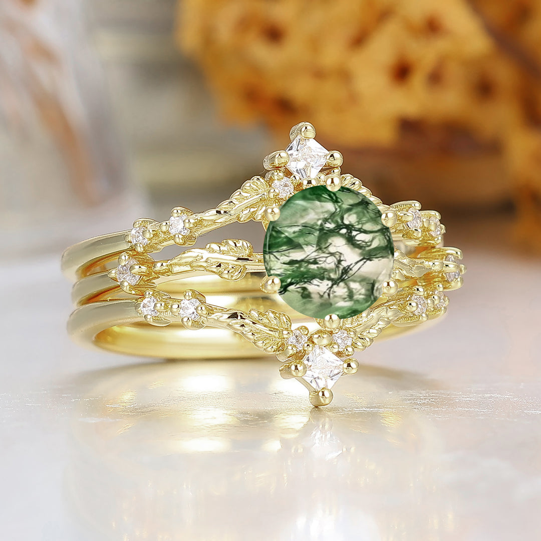 Leaf Vine Design Ronde Geslepen Moss Agaat Trouwringset Massief Geelgouden Ring Voor Haar