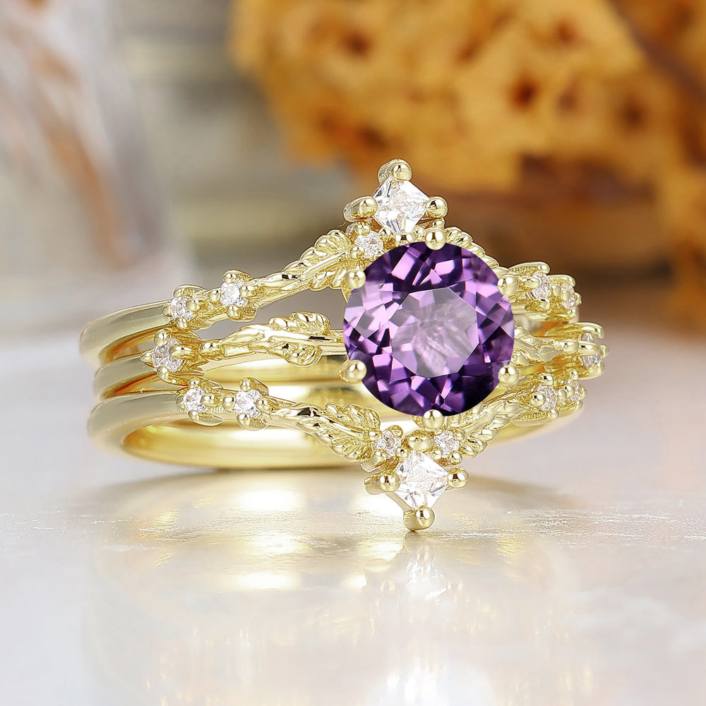Bague de fiançailles vintage inspirée 1,25CT améthyste ronde avec gravure feuille vigne ensemble de bagues de mariage