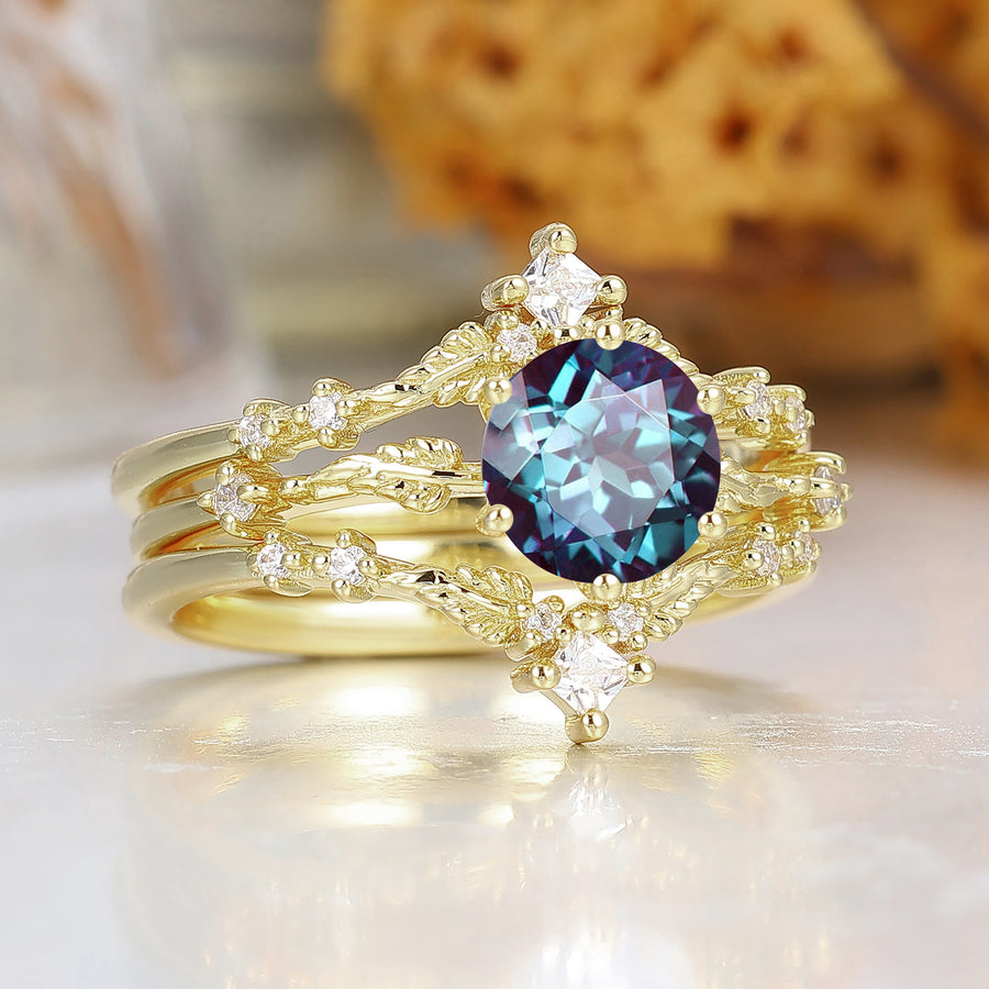 Leaf Vine Style Round Alexandrite Bridal Ring Set 2pcs Brilliant Alexandrite Women Rings