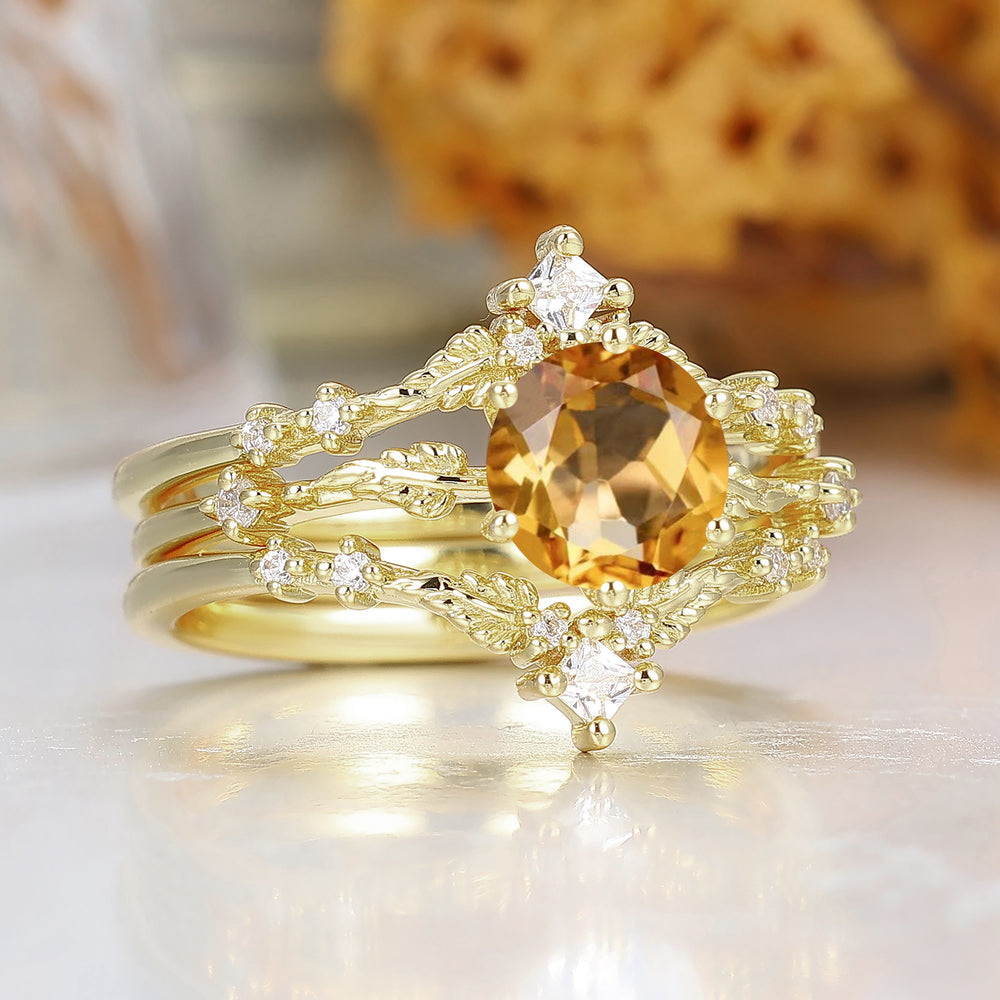 Dainty Leaf Design Citrine Bridal Anniversary Ring Set Antique Ring For Women