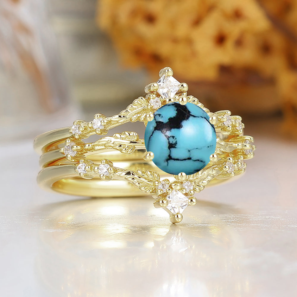 Dainty Leaf Design Turquoise Bridal Anniversary Ring Set Antique Ring For Women