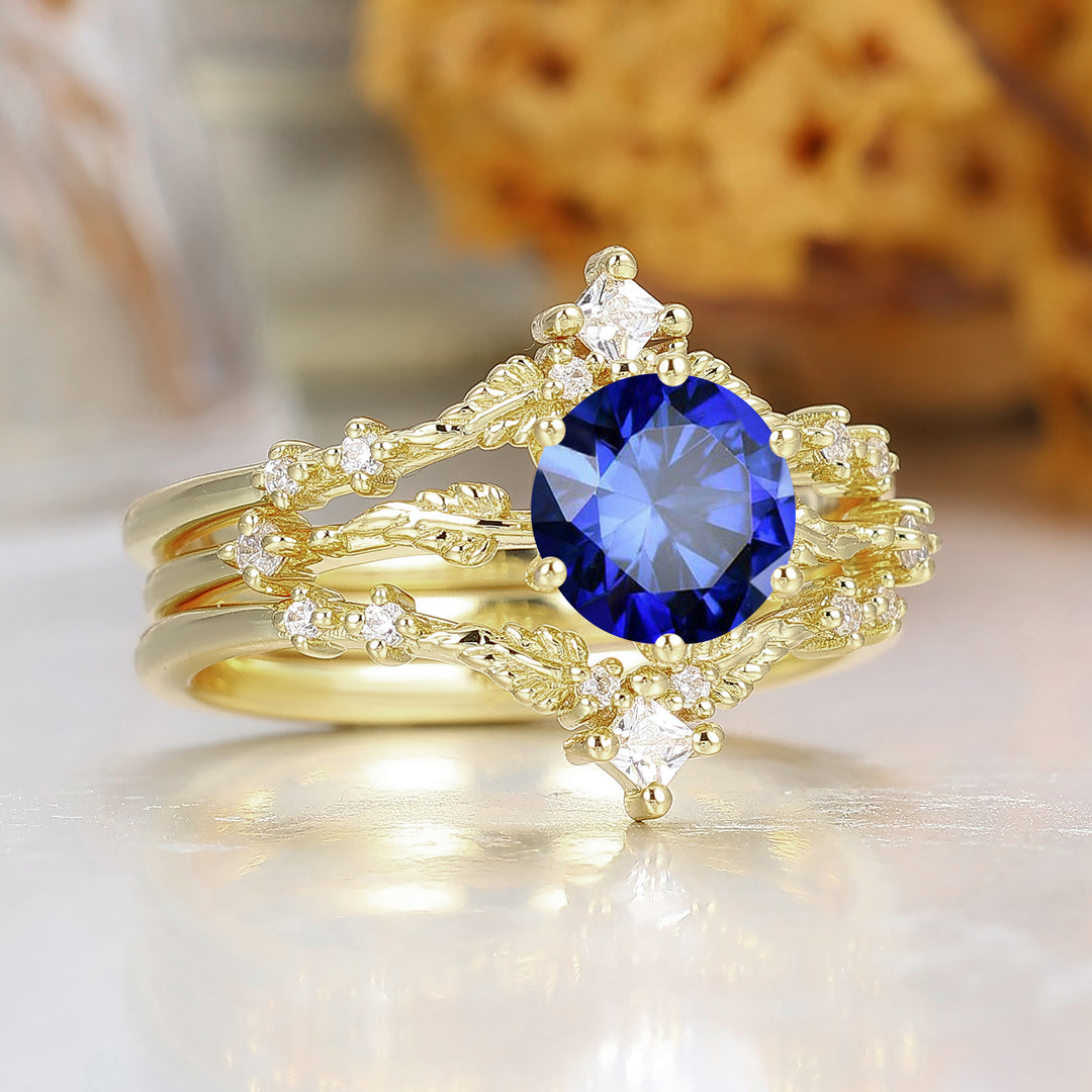 Natural Inspired Round Sapphire Leaf Engraved Engagement Ring Yellow Gold Bridal Ring