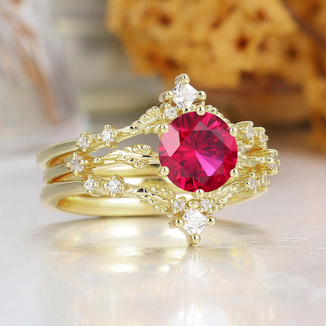 Dainty Leaf Design Ruby Bridal Anniversary Ring Set Antique Ring For Women