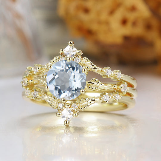 Brilliant Round Aquamarine Engagement Ring Set 2pcs Leaf Engraved Aquamarine March Birthstone Ring