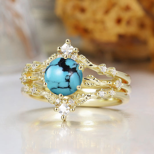 Dainty Leaf Design Turquoise Bridal Anniversary Ring Set Antique Ring For Women
