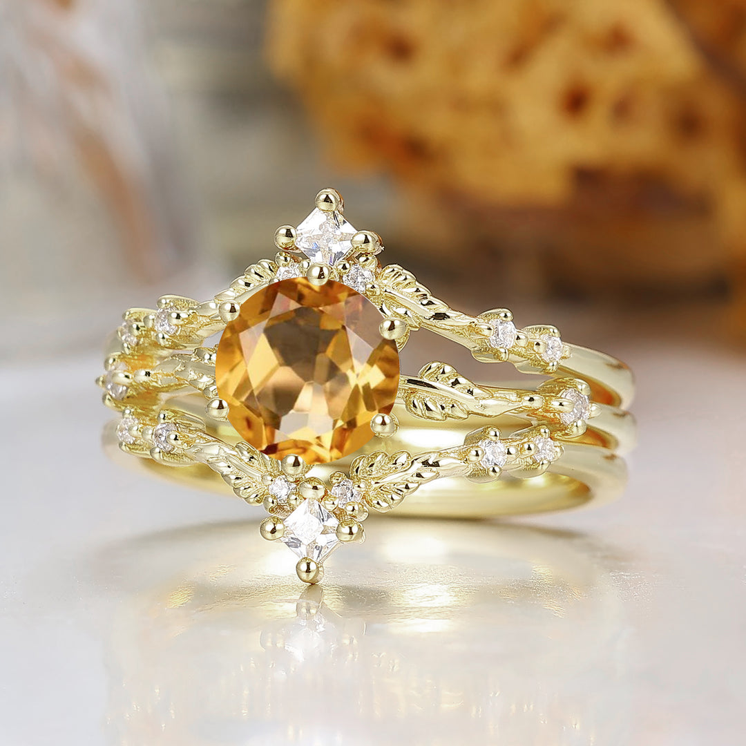 Dainty Leaf Design Citrine Bridal Anniversary Ring Set Antique Ring For Women