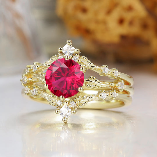 Dainty Leaf Design Ruby Bridal Anniversary Ring Set Antique Ring For Women