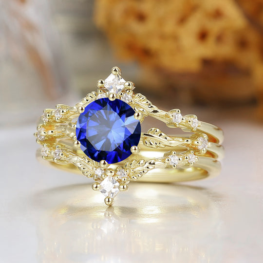 Natural Inspired Round Sapphire Leaf Engraved Engagement Ring Yellow Gold Bridal Ring