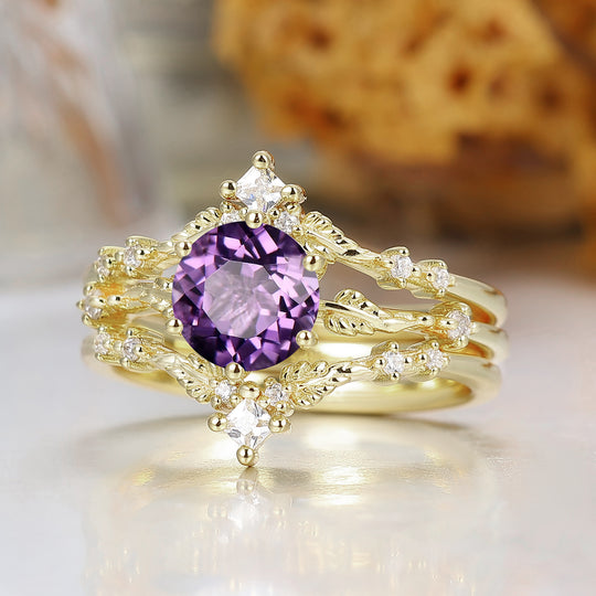Vintage Inspired 1.25CT Round Amethyst Engagement Ring Set Engraved Leaf Vine Bridal Ring