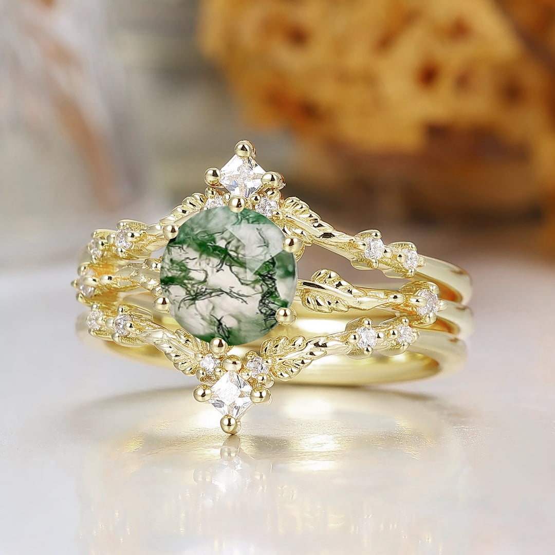 Leaf Vine Design Ronde Geslepen Moss Agaat Trouwringset Massief Geelgouden Ring Voor Haar