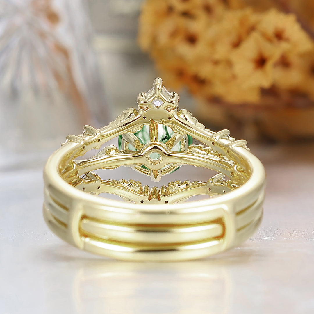Leaf Vine Design Ronde Geslepen Moss Agaat Trouwringset Massief Geelgouden Ring Voor Haar