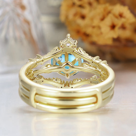 Dainty Leaf Design Turquoise Bridal Anniversary Ring Set Antique Ring For Women