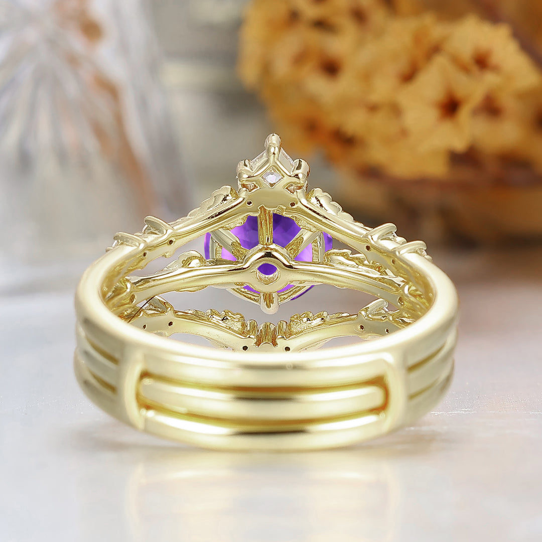 Vintage Inspired 1.25CT Round Amethyst Engagement Ring Set Engraved Leaf Vine Bridal Ring