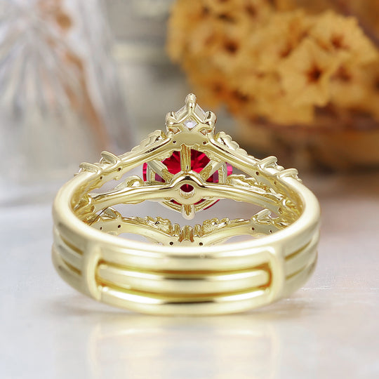 Dainty Leaf Design Ruby Bridal Anniversary Ring Set Antique Ring For Women