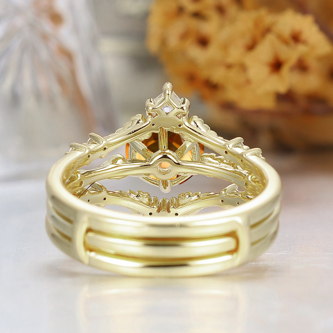 Dainty Leaf Design Citrine Bridal Anniversary Ring Set Antique Ring For Women