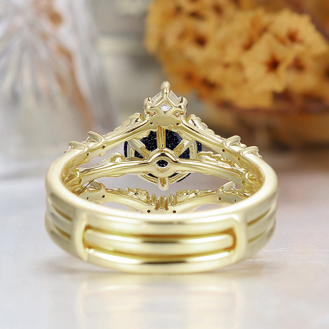 Vino Hoja Diseño Redondo Corte Piedra Arenisca Azul Juego de Anillos de Boda Anillo Antiguo para Mujeres