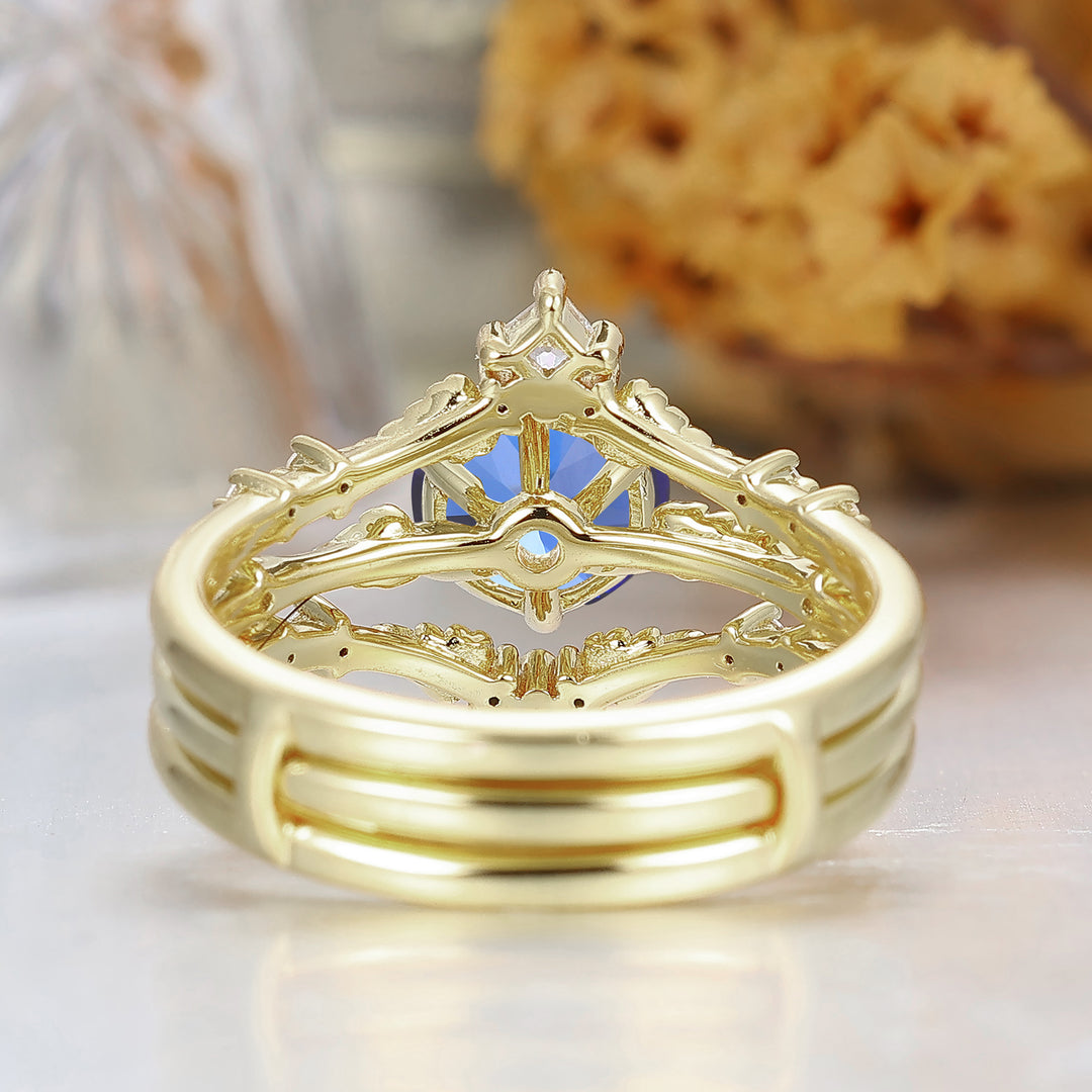 Natural Inspired Round Sapphire Leaf Engraved Engagement Ring Yellow Gold Bridal Ring