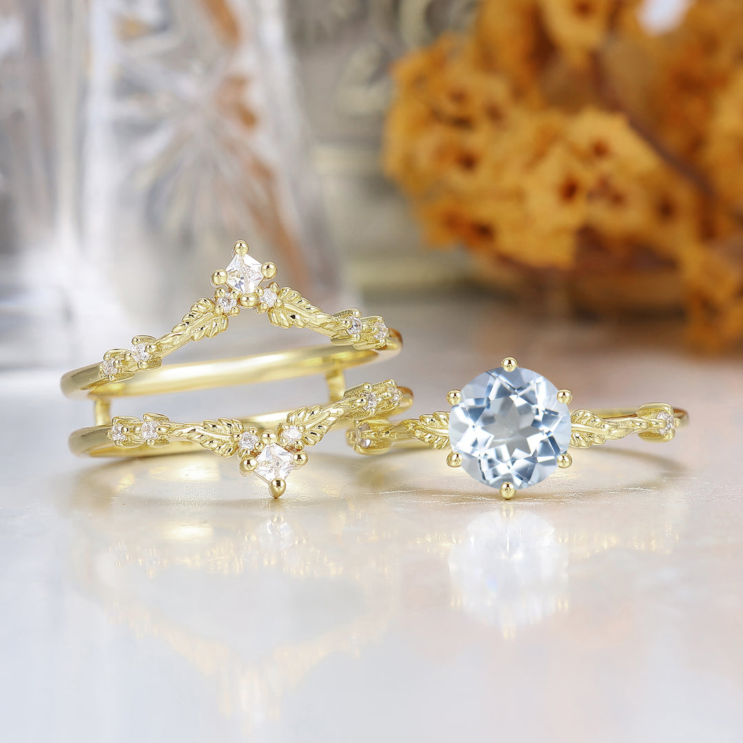 Brilliant Round Aquamarine Engagement Ring Set 2pcs Leaf Engraved Aquamarine March Birthstone Ring
