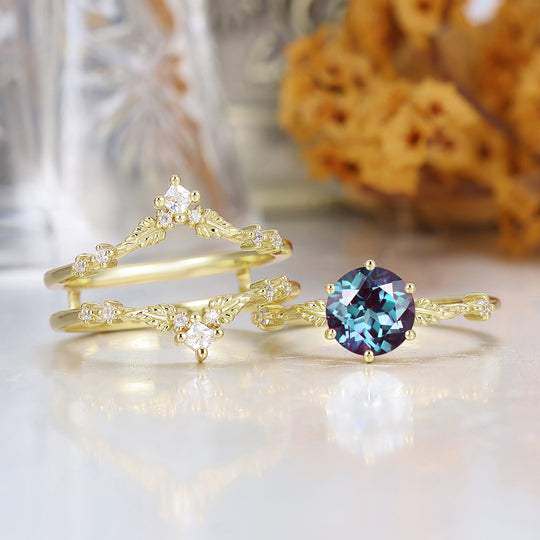 Set di 2 Anelli Nuziali da Donna con Pietra Alexandrite Rotonda a Forma di Vite Foglia, Brillanti