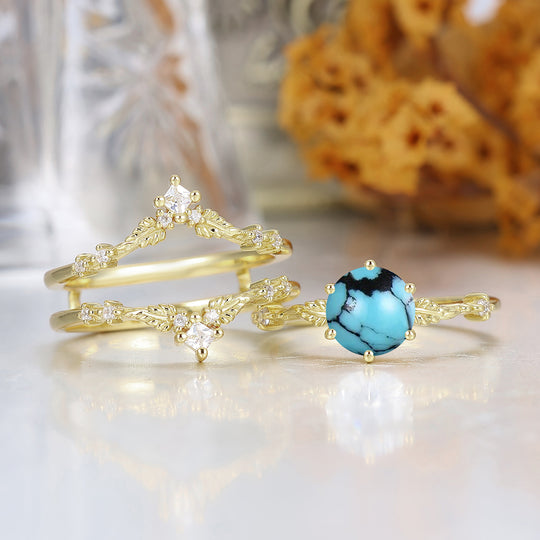 Dainty Leaf Design Turquoise Bridal Anniversary Ring Set Antique Ring For Women