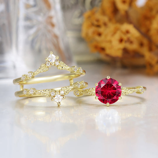 Dainty Leaf Design Ruby Bridal Anniversary Ring Set Antique Ring For Women