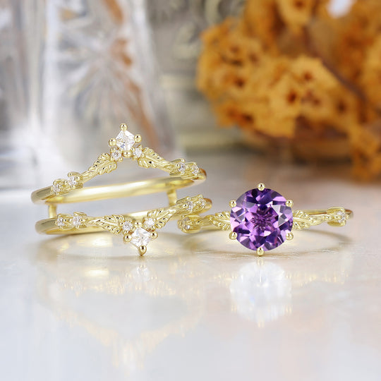 Vintage Inspired 1.25CT Round Amethyst Engagement Ring Set Engraved Leaf Vine Bridal Ring