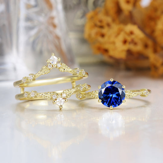 Natural Inspired Round Sapphire Leaf Engraved Engagement Ring Yellow Gold Bridal Ring