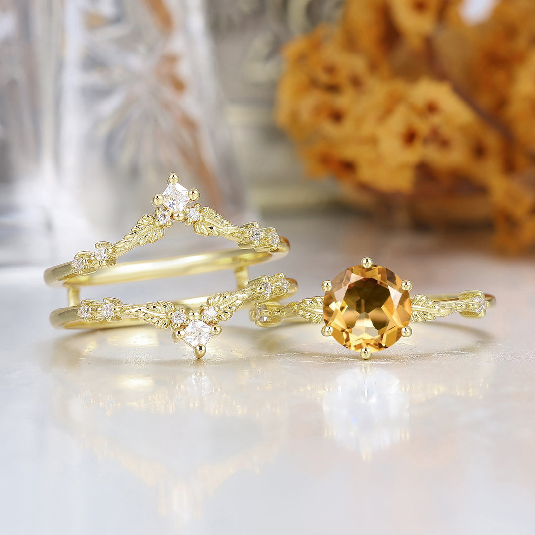 Dainty Leaf Design Citrine Bridal Anniversary Ring Set Antique Ring For Women