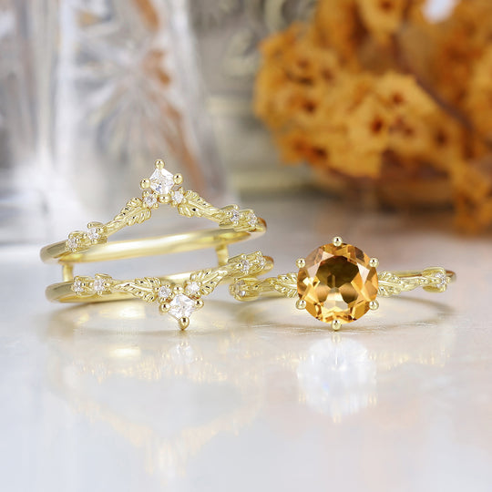 Dainty Leaf Design Citrine Bridal Anniversary Ring Set Antique Ring For Women