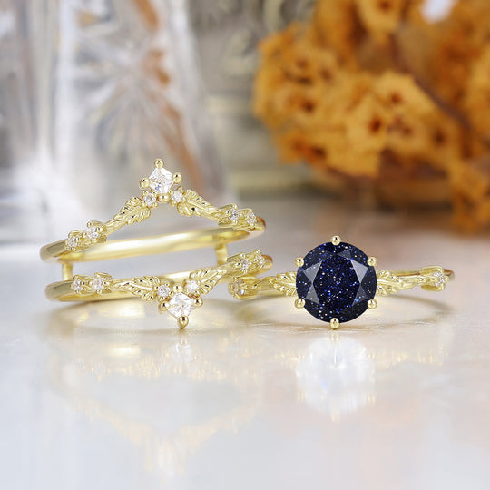 Vino Hoja Diseño Redondo Corte Piedra Arenisca Azul Juego de Anillos de Boda Anillo Antiguo para Mujeres