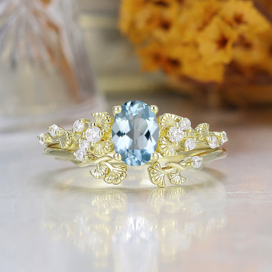 Ginkgo Hoja Oval Corte Aguamarina Anillo de Compromiso Conjunto 14K Oro Macizo Piedra de Nacimiento de Marzo Anillo para Mujer