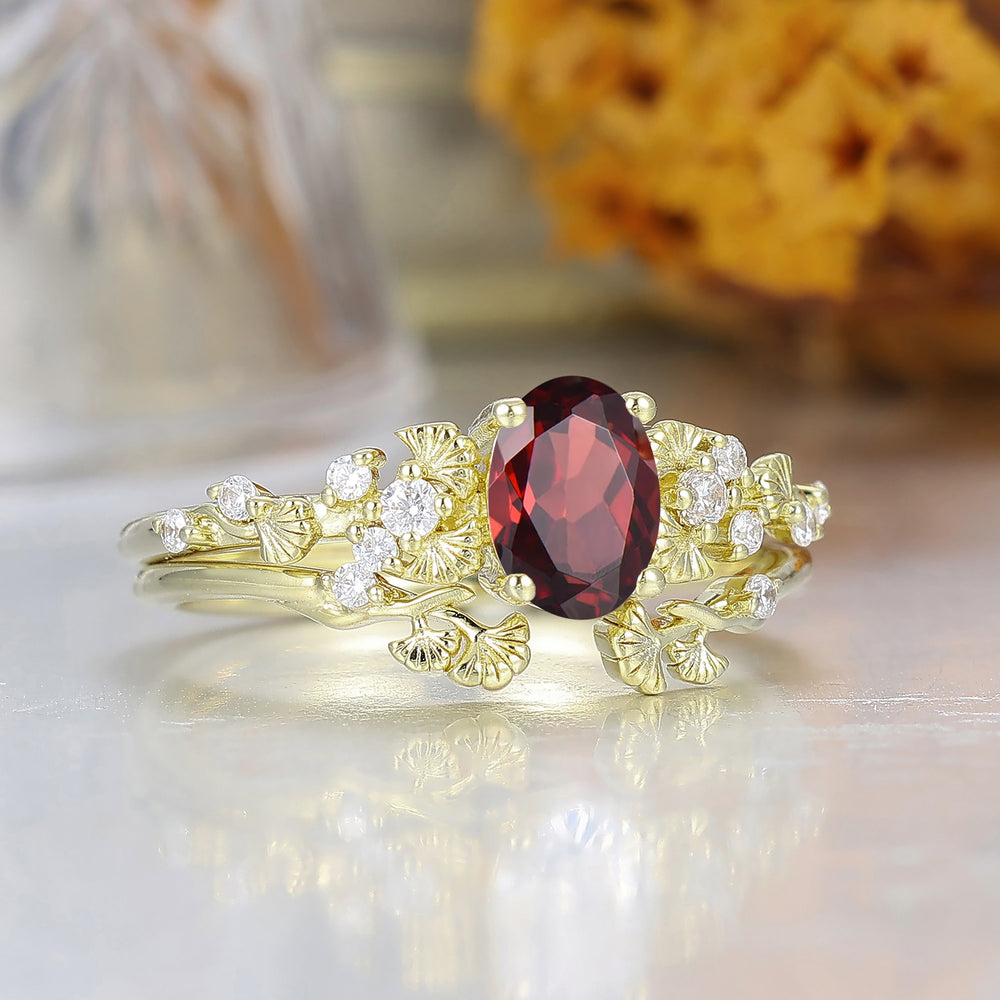 Unique Ginkgo Leaf Oval Cut Red Garnet Engagement Ring Handmade Women Ring Bridal Ring
