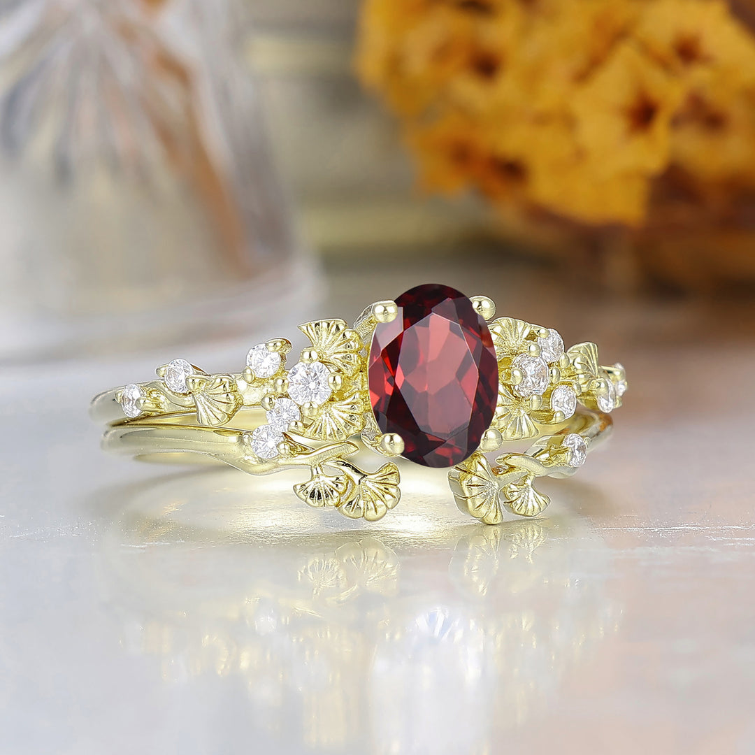 Unique Ginkgo Leaf Oval Cut Red Garnet Engagement Ring Handmade Women Ring Bridal Ring